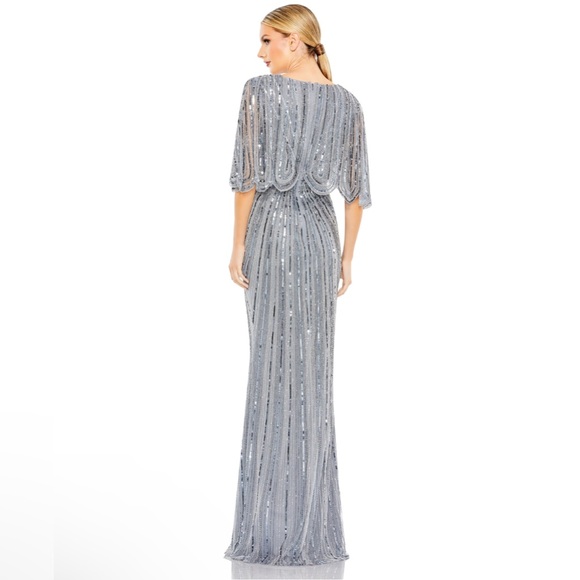 Sequined v neckline cape column gown in slate blue colour - Picture 2 of 3